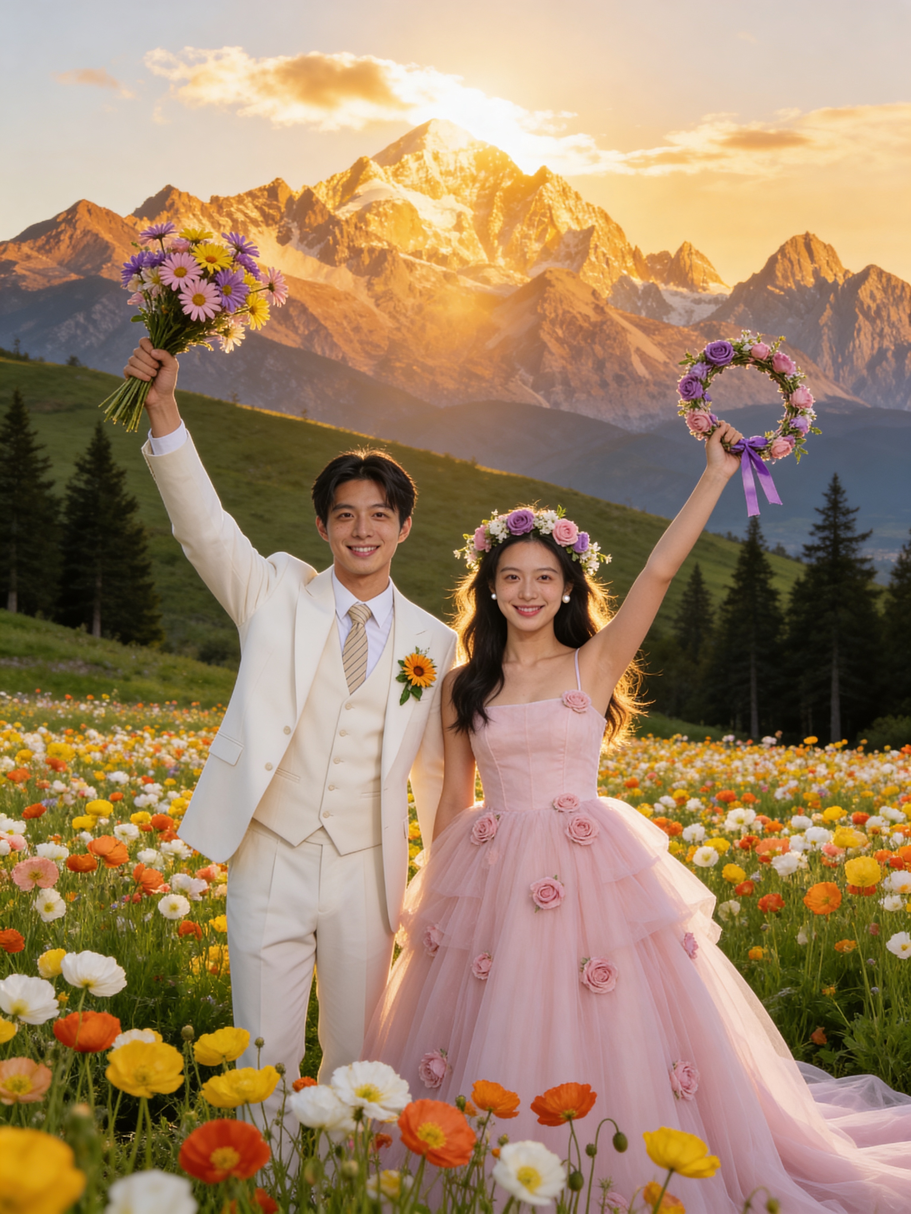 Cheering with Bouquet in the Meadow