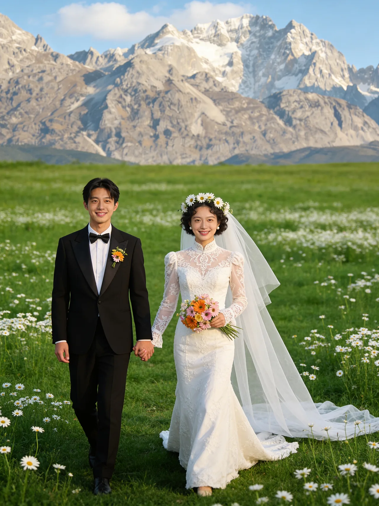 草地雪山远景牵手散步
