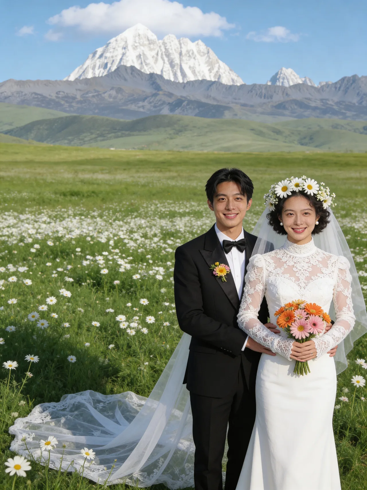 草地雪山远景拥抱