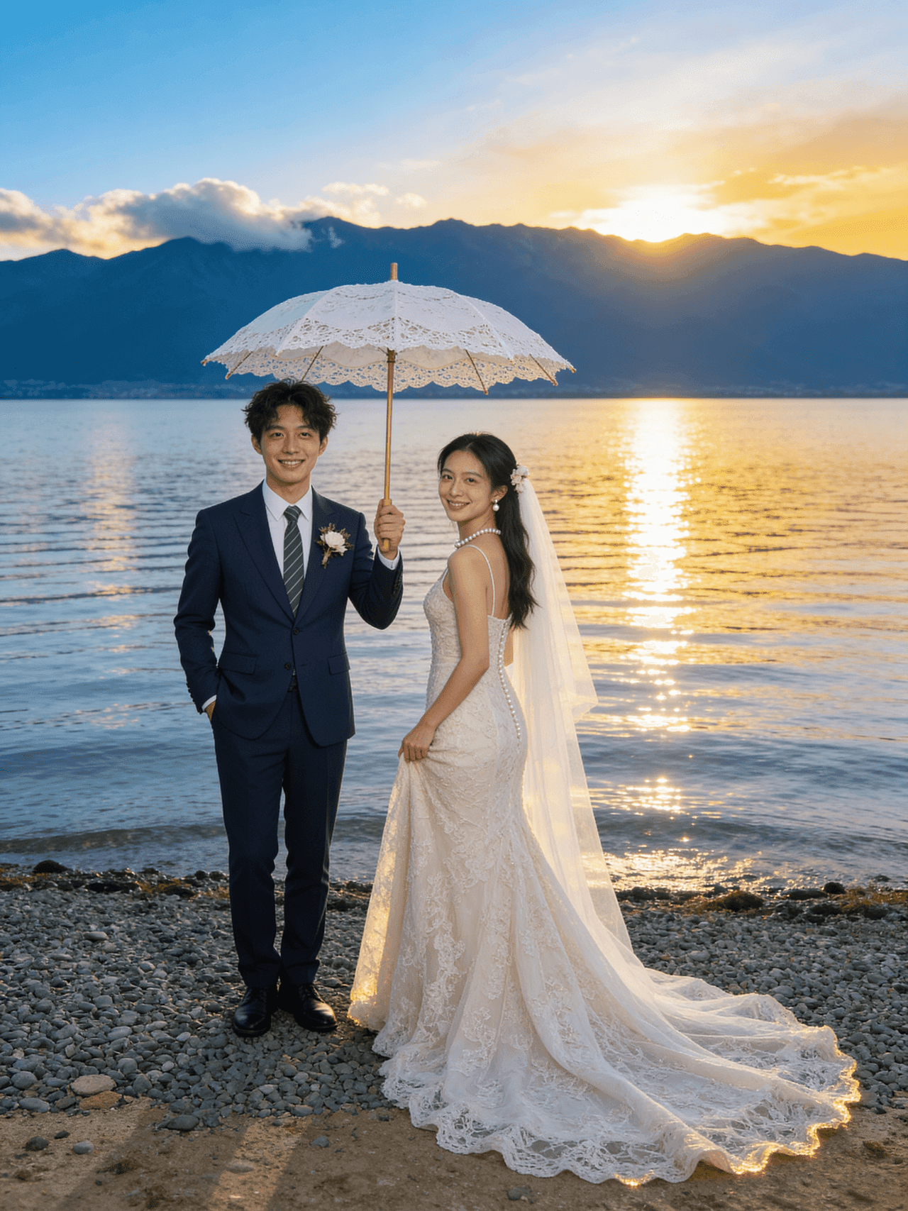 Sharing a Lace Parasol by the Lake