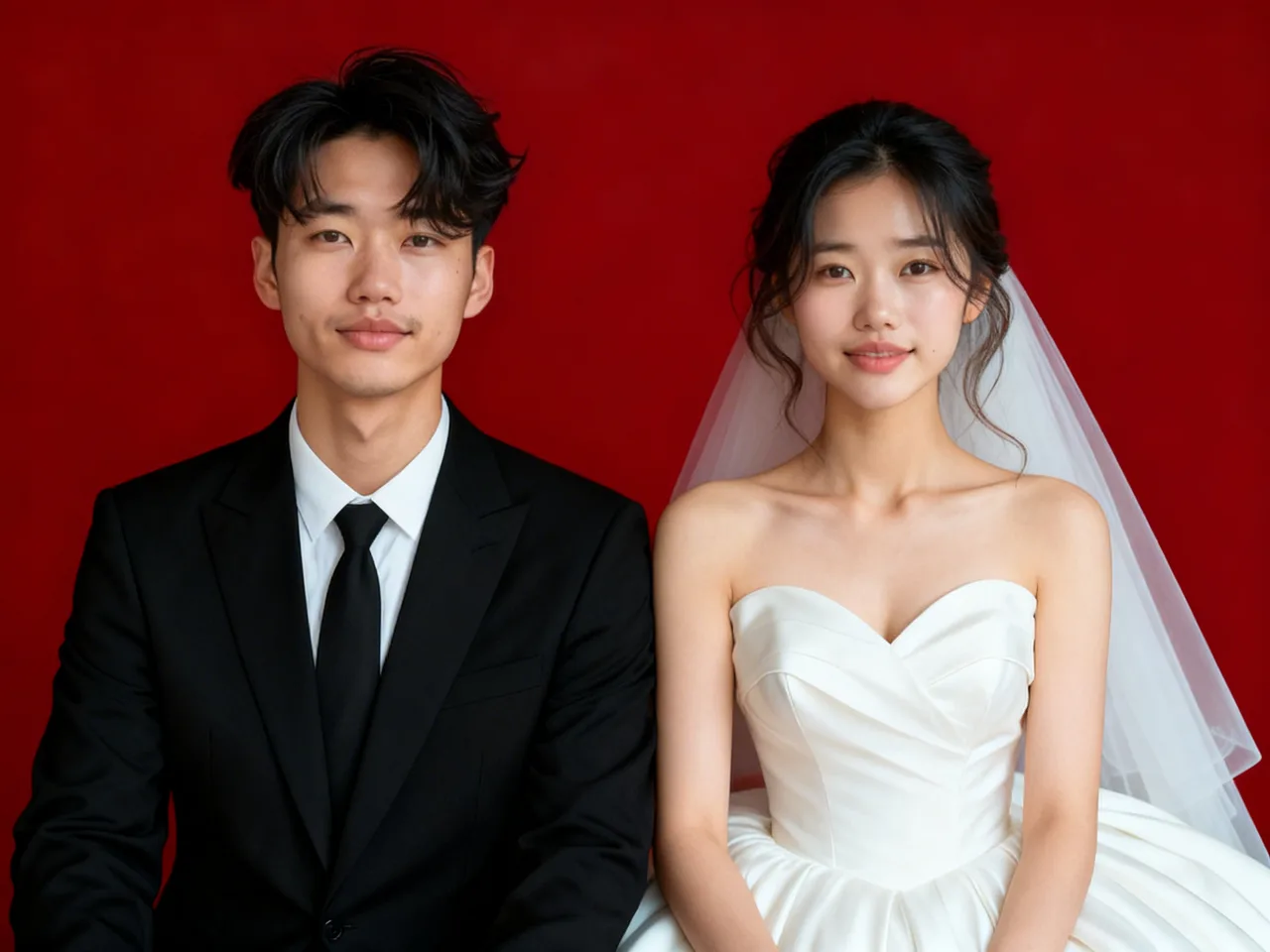 Fondo rojo - Vestido de novia y traje